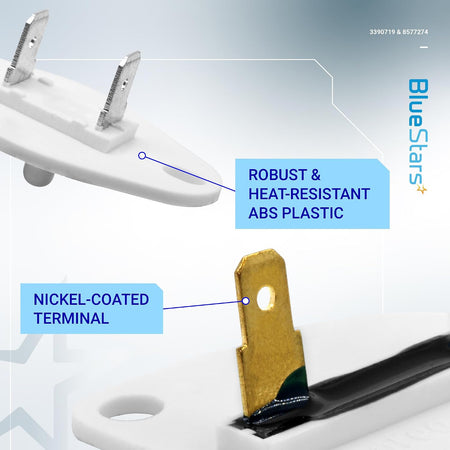 3390719 Thermal Fuse and 8577274 Thermistor close-up showing nickel-coated terminals and heat-resistant ABS plastic