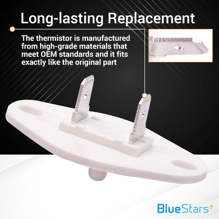 8577274 dryer thermistor replacement part with close-up view of terminal connectors for Whirlpool and Kenmore dryers.
