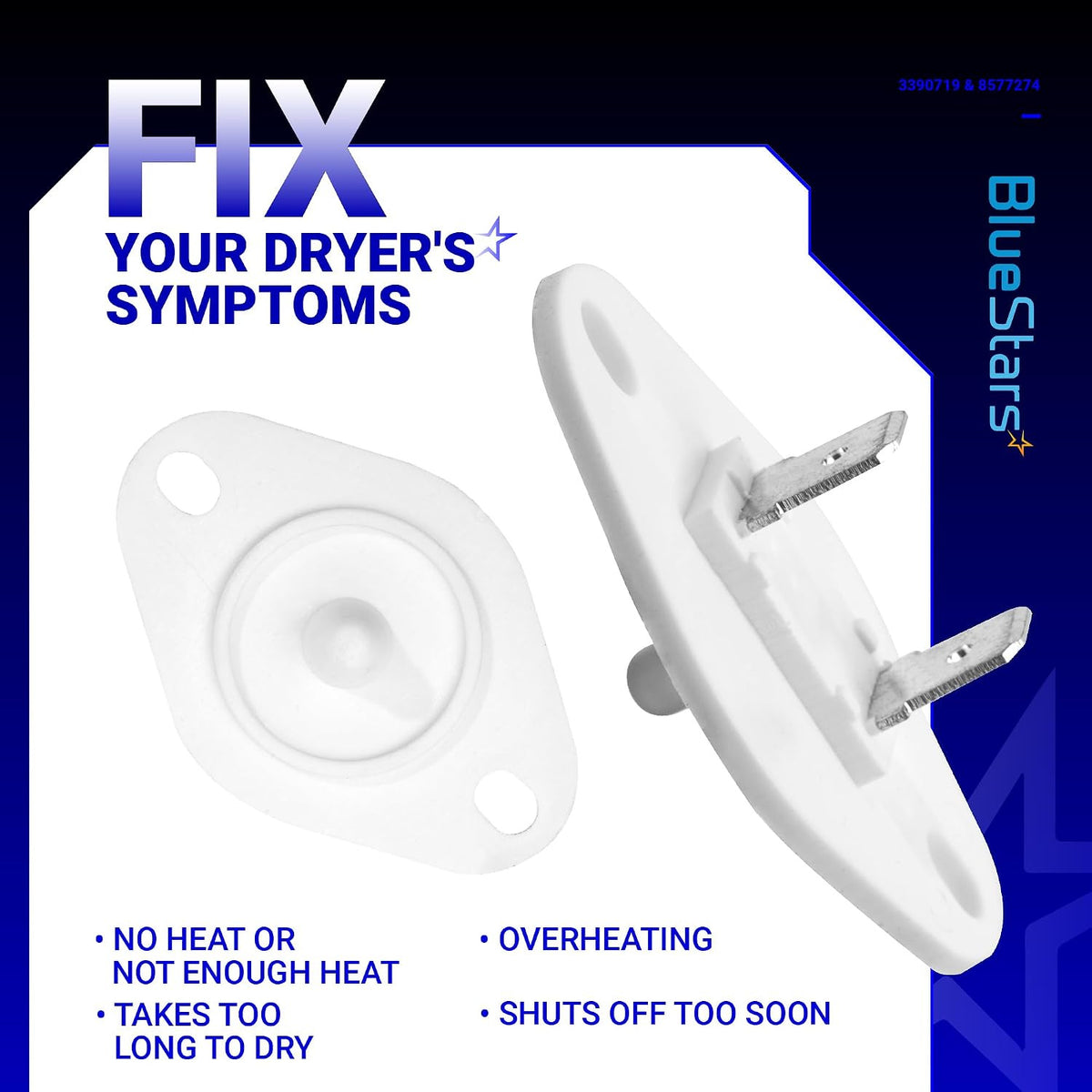 3390719 Thermal Fuse and 8577274 Thermistor graphic showing a white thermistor and dryer symptom list