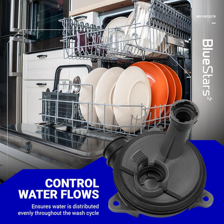 WD19X25278 dishwasher diverter valve replacement part for GE dishwashers shown in a promotional product graphic.