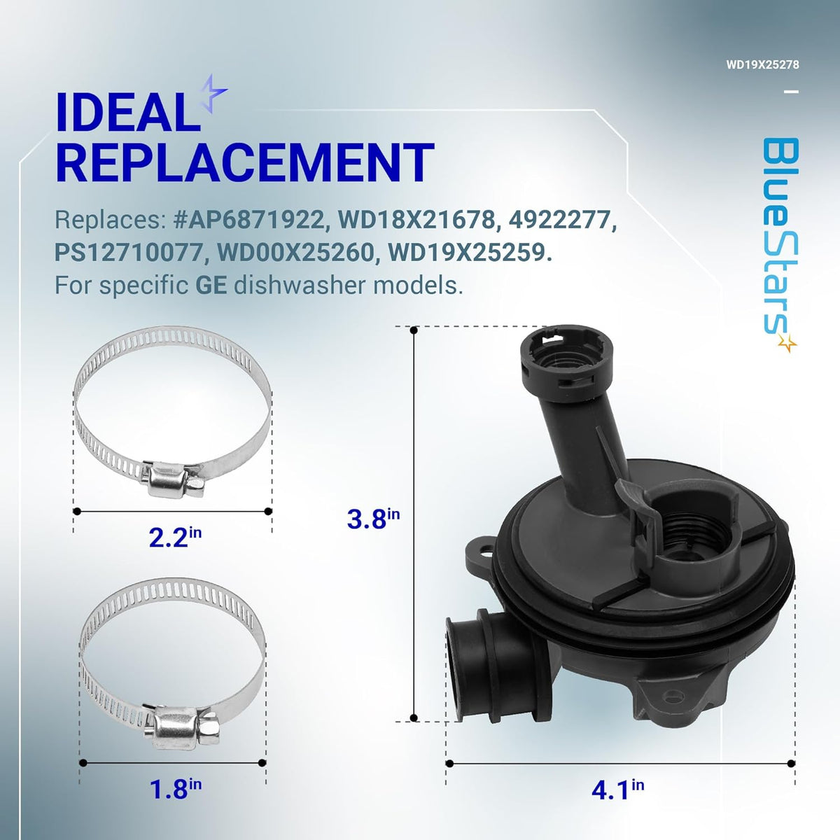 WD19X25278 dishwasher diverter valve kit with two metal hose clamps and dimension labels for GE dishwashers.