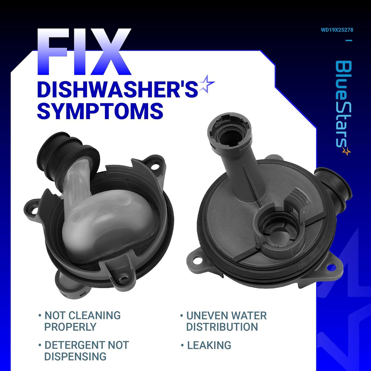Two WD19X25278 dishwasher diverter valve components shown from different angles to troubleshoot common repair symptoms.