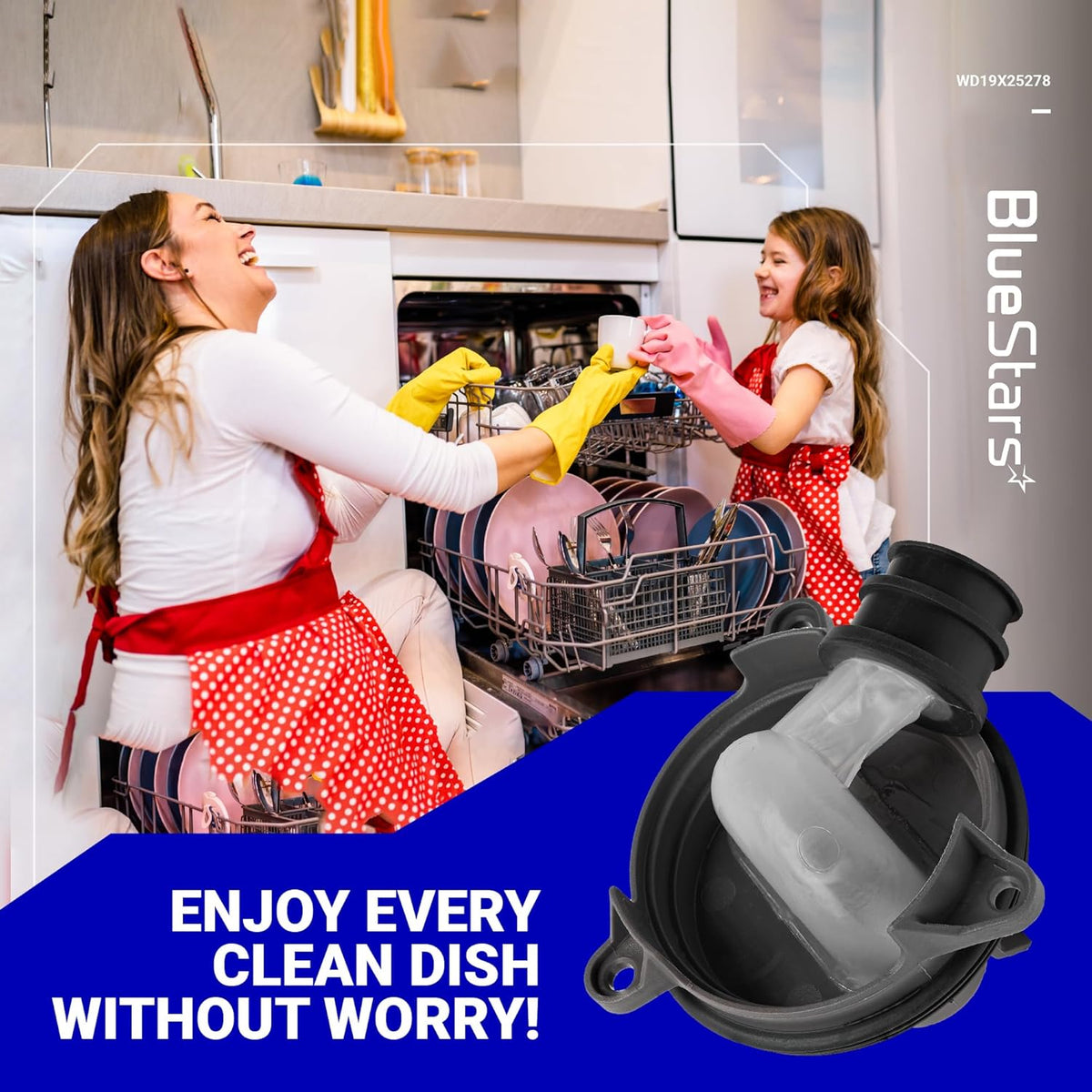 WD19X25278 dishwasher diverter valve kit for GE dishwashers shown in a promotional lifestyle graphic.