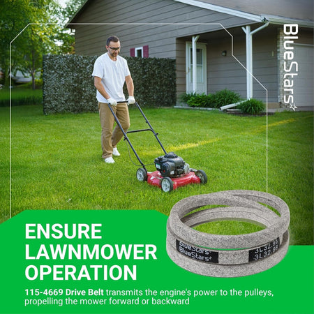 115-4669 drive belt for Toro Recycler lawn mowers shown with a man operating a mower in a residential yard.