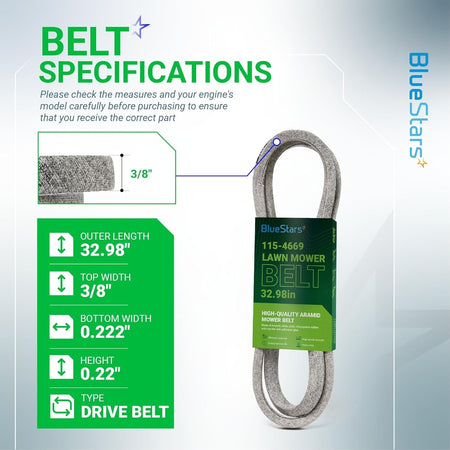 115-4669 drive belt specifications chart showing dimensions for Toro Recycler lawn mower replacement parts.