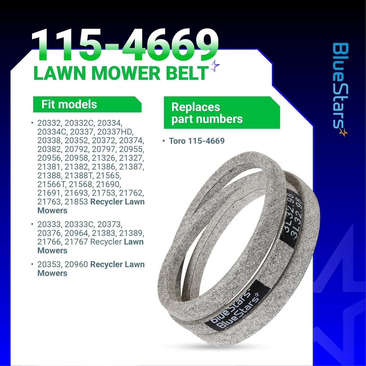 115-4669 drive belt for Toro Recycler lawn mowers shown on an informational product specification graphic.