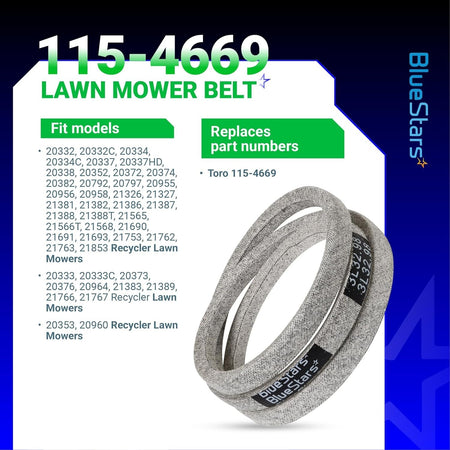 115-4669 drive belt for Toro Recycler lawn mowers shown on an informational product specification graphic.