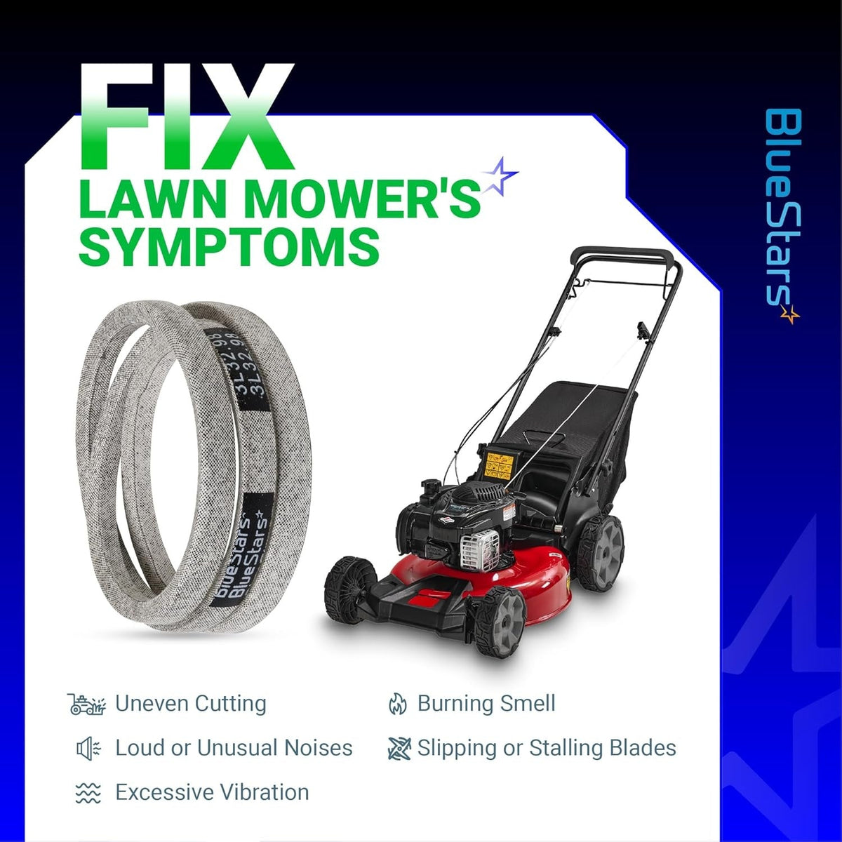115-4669 drive belt for Toro Recycler lawn mower shown with troubleshooting symptoms infographic.