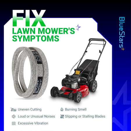 115-4669 drive belt for Toro Recycler lawn mower shown with troubleshooting symptoms infographic.