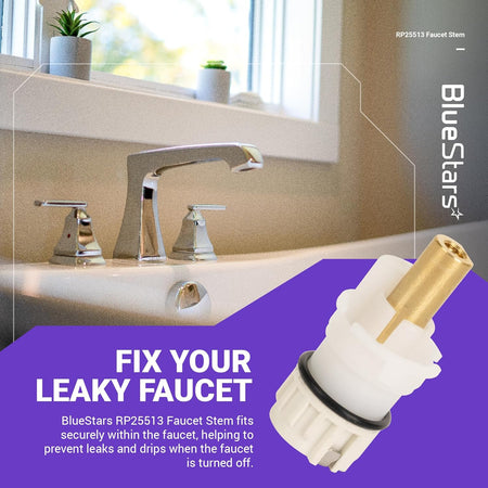 Close-up of a single RP25513 replacement faucet stem with a white plastic body and brass top for Delta faucets.