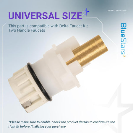 Single RP25513 faucet stem replacement part with white plastic body and brass insert for Delta faucets.
