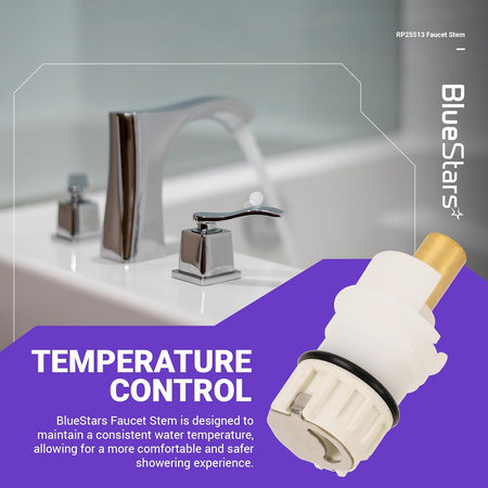 Close-up of a single RP25513 faucet stem replacement part for Delta faucets with white plastic and brass components.