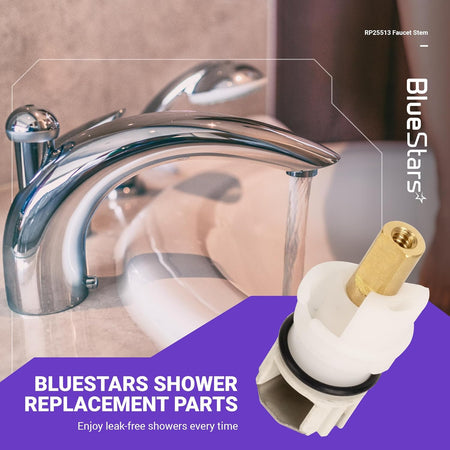 RP25513 faucet stem replacement part for Delta faucets shown against a background of a bathroom sink faucet.