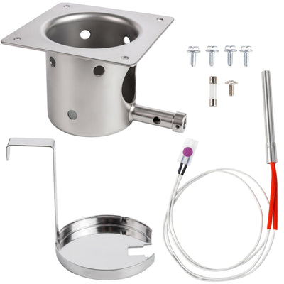Replacement fire burn pot, hot rod ignitor, ash remover, and hardware kit for Traeger and Pit Boss wood pellet grills.