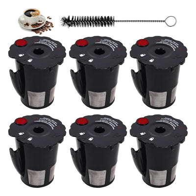 Set of 6 reusable Keurig coffee filters with cleaning brush and coffee cup graphic.