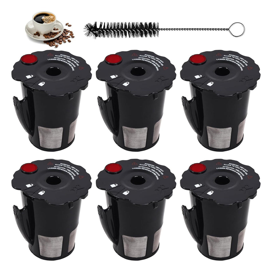 Set of 6 reusable Keurig coffee filters with cleaning brush and coffee cup graphic.