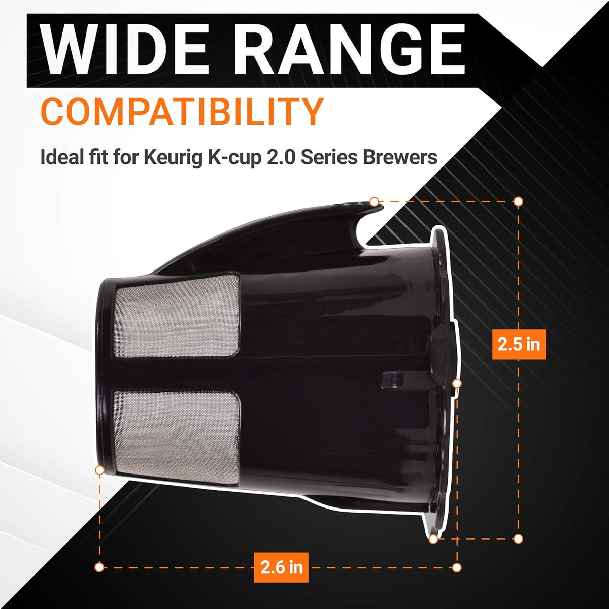 Single Keurig coffee filter with dimensions showing compatibility for 2.0 series brewers.