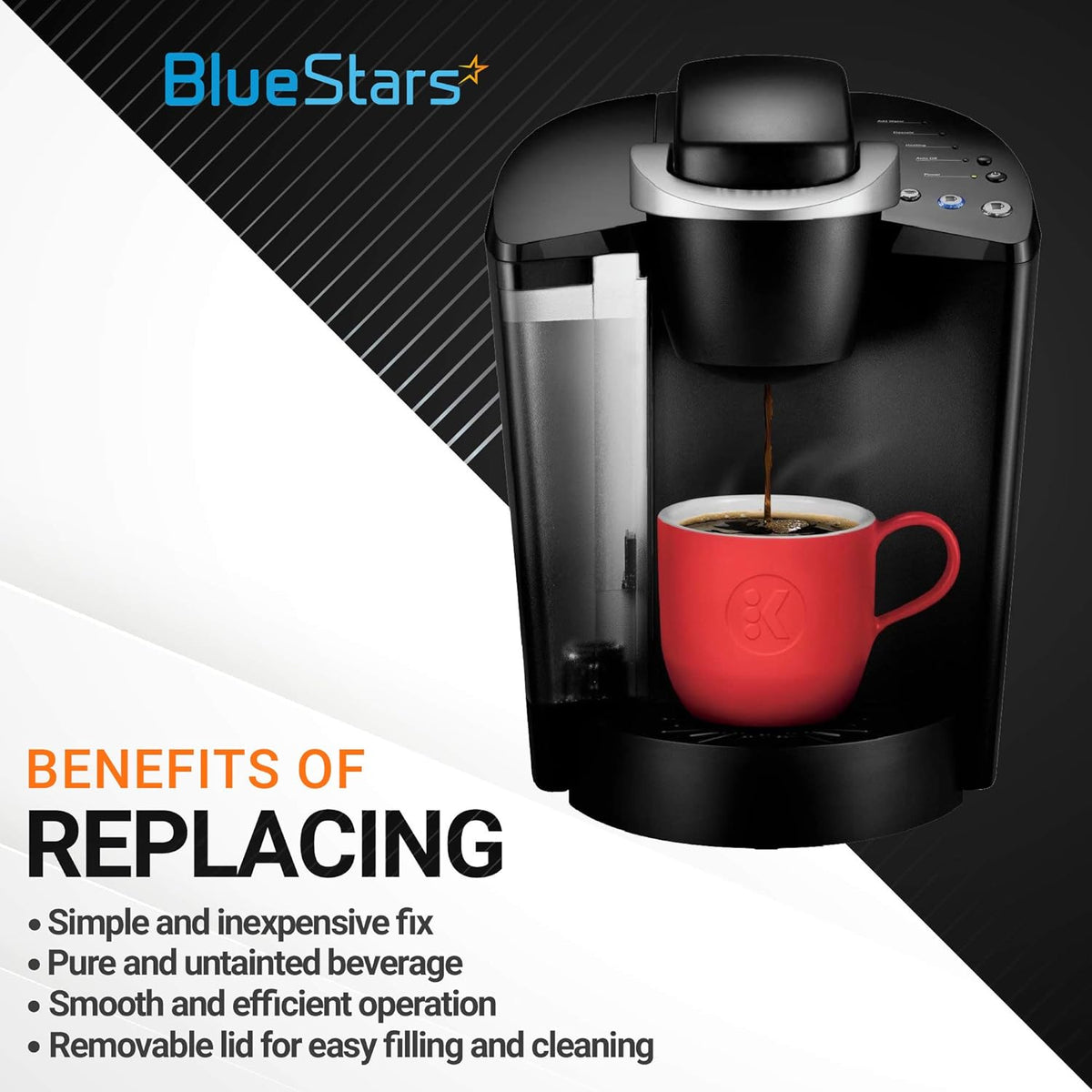 Black Keurig coffee maker brewing into a red mug, highlighting benefits of using a replacement water filter.