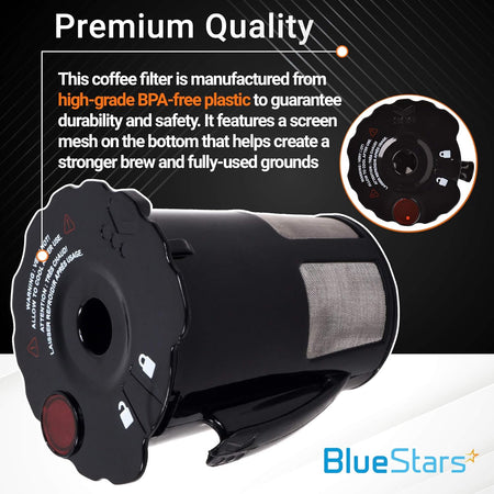 Single BPA-free plastic Keurig coffee filter with mesh screen and warning label details.