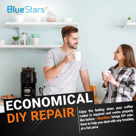 Couple drinking coffee in a kitchen with a coffee maker, promoting BlueStars DIY repair for Keurig coffee filters.