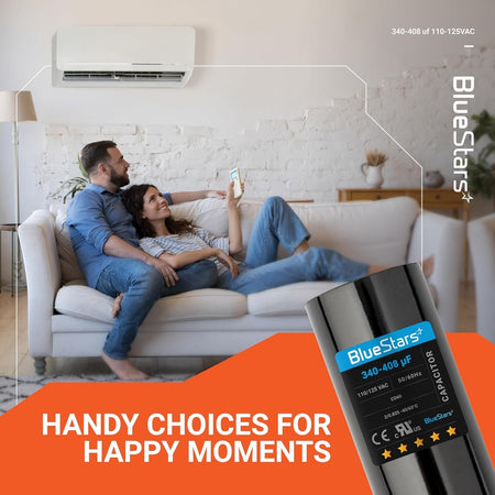 BlueStars 340-408 uF 110-125 VAC round start capacitor for single-phase motors shown in a lifestyle advertisement.