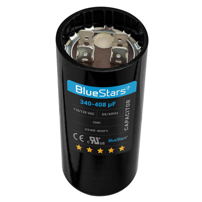 BlueStars 340-408 uF 110-125 VAC round start capacitor for single-phase motors with dual terminal connectors.