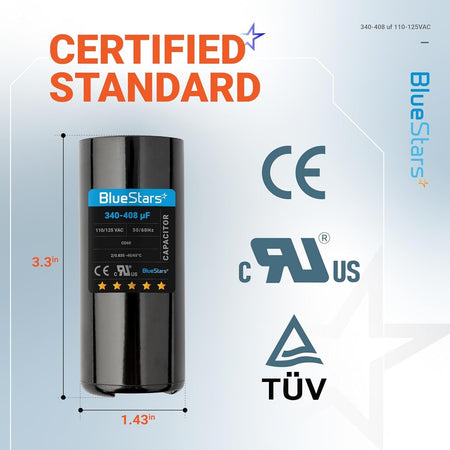 340-408 uF 110-125 VAC round start capacitor with dimensions labeled for single-phase motor compatibility.