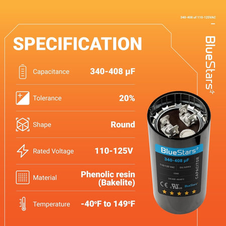 Specification chart for 340-408 uF 110-125 VAC round start capacitor with technical details and product image.