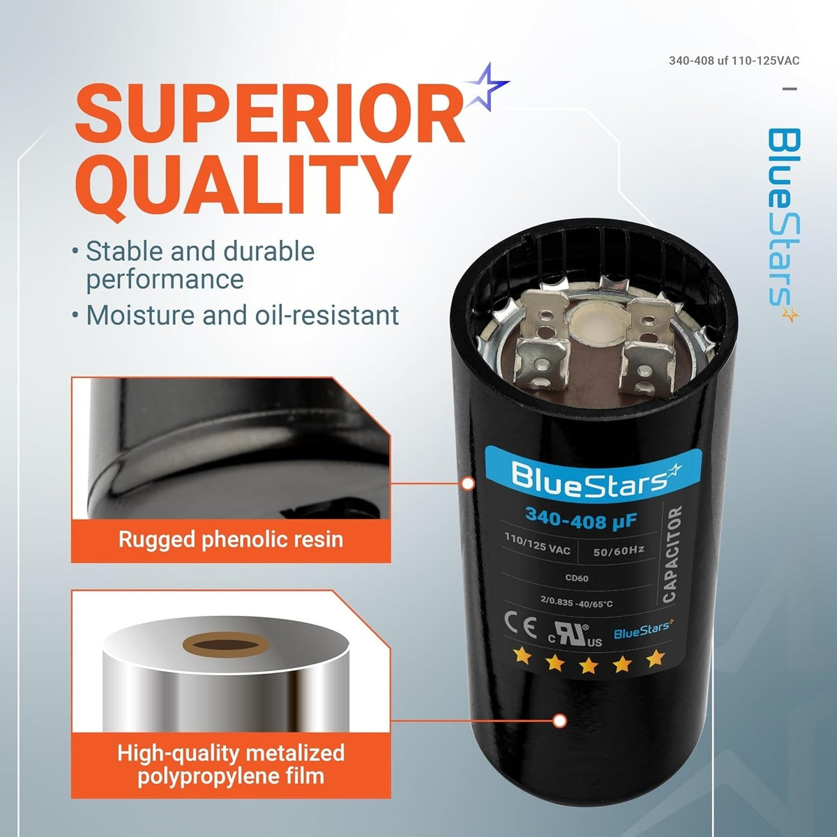 BlueStars 340-408 uF 110-125 VAC round start capacitor with phenolic resin casing and metalized film construction.