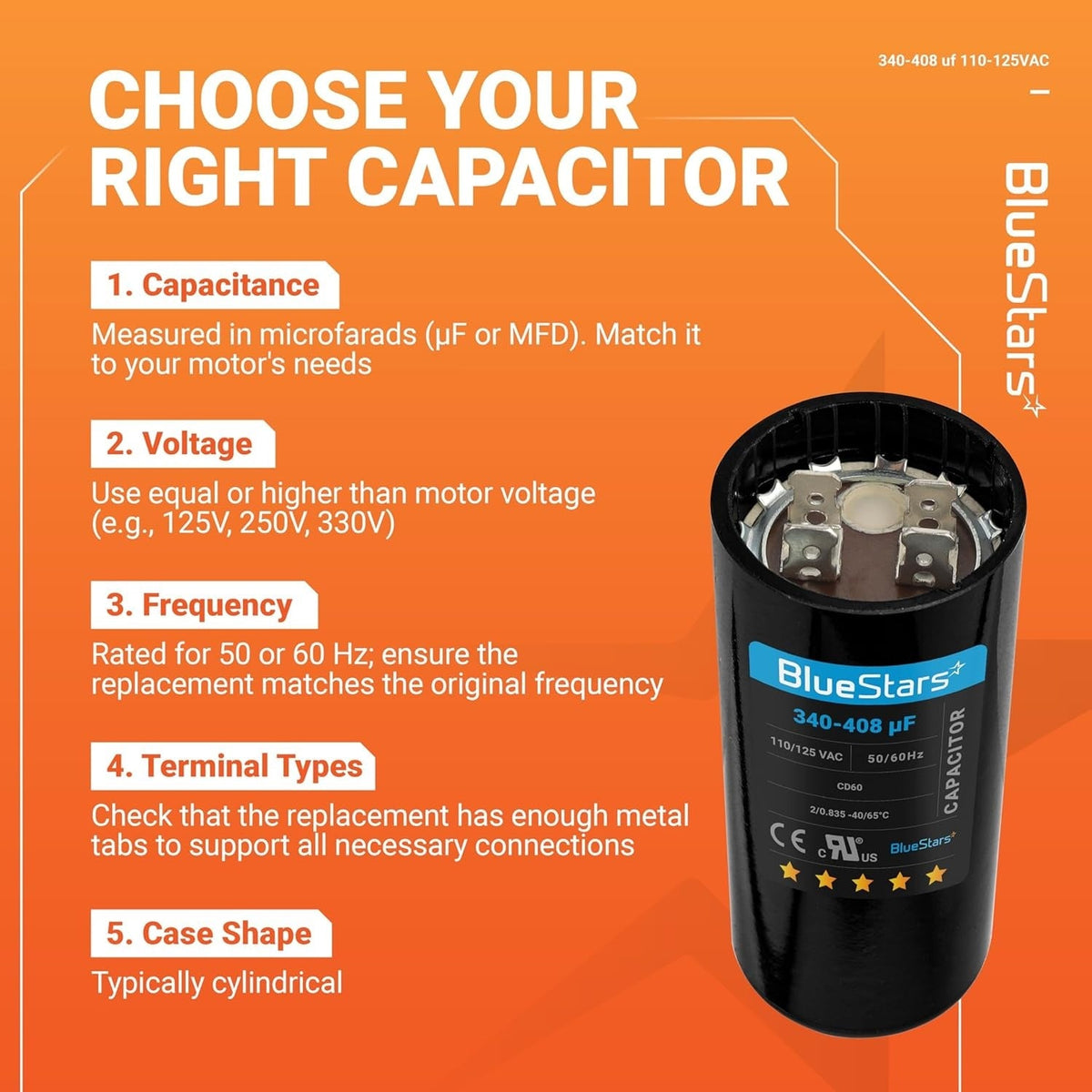Educational infographic showing a 340-408 uF 110-125 VAC round start capacitor and how to select the right replacement.