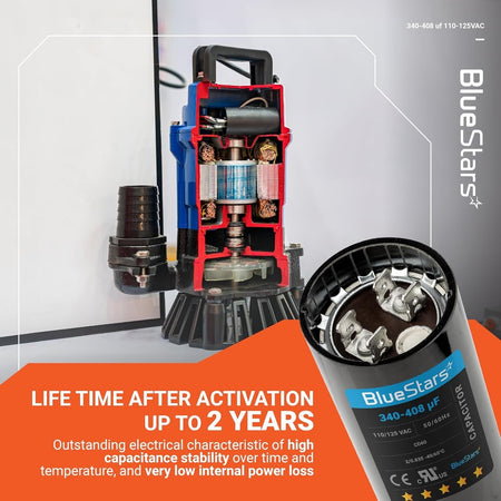 340-408 uF 110-125 VAC round start capacitor for single-phase motors shown next to a cutaway view of a water pump.
