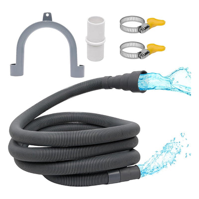 10-foot flexible corrugated drain hose kit for dishwasher and washing machine with adapter, clamps, and U-bend holder.