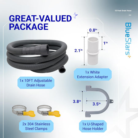 Universal dishwasher and washing machine drain hose kit with extension adapter, clamps, and U-bend hose holder.