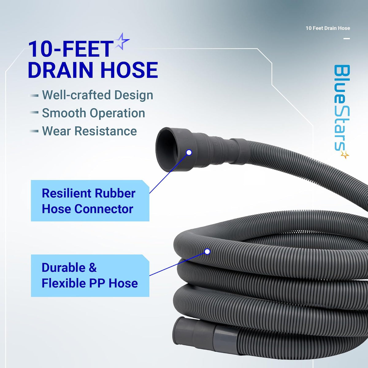 10-foot flexible corrugated drain hose for dishwasher and washing machine with rubber connector and durable PP design.