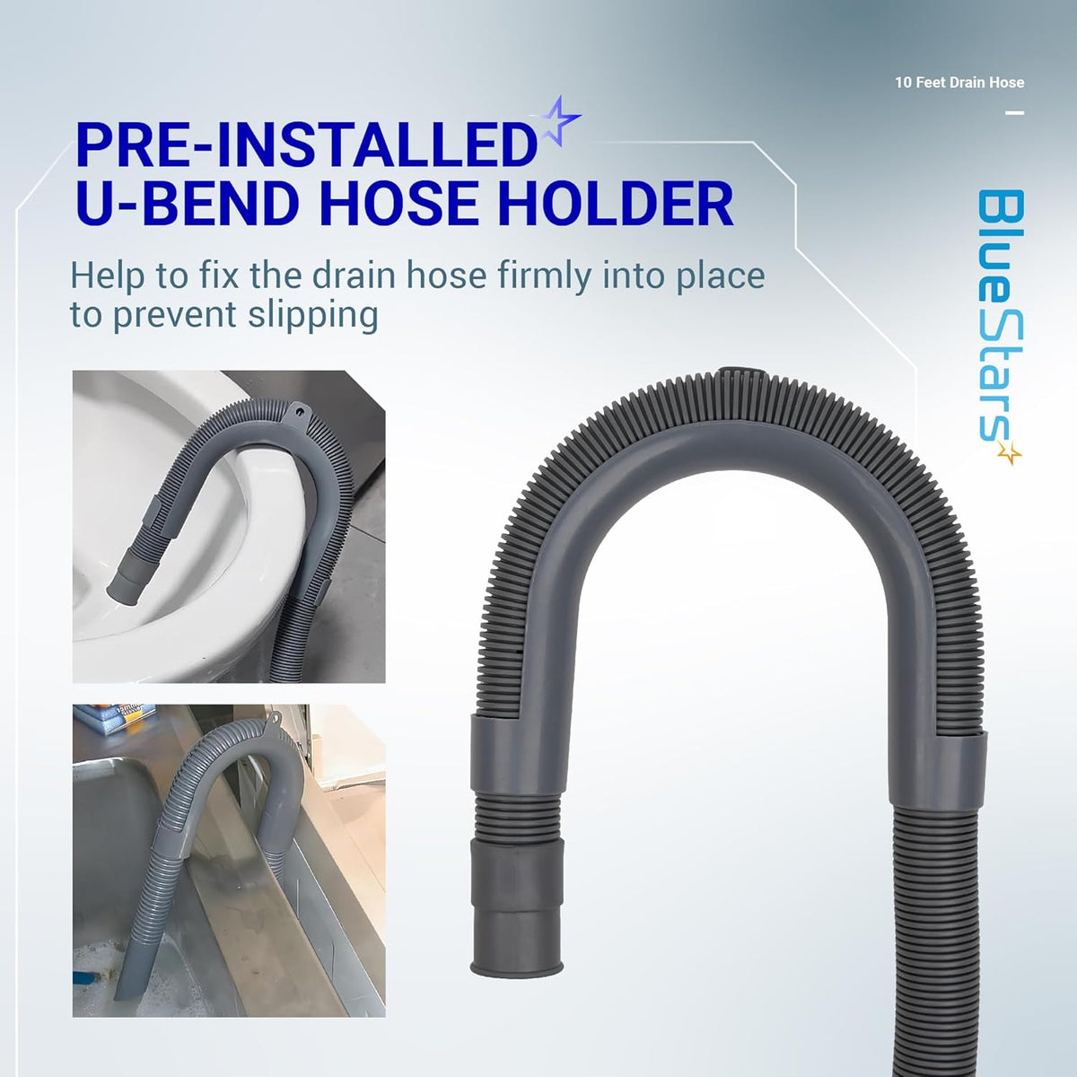 Flexible corrugated drain hose with pre-installed U-bend holder for dishwasher and washing machine installation.