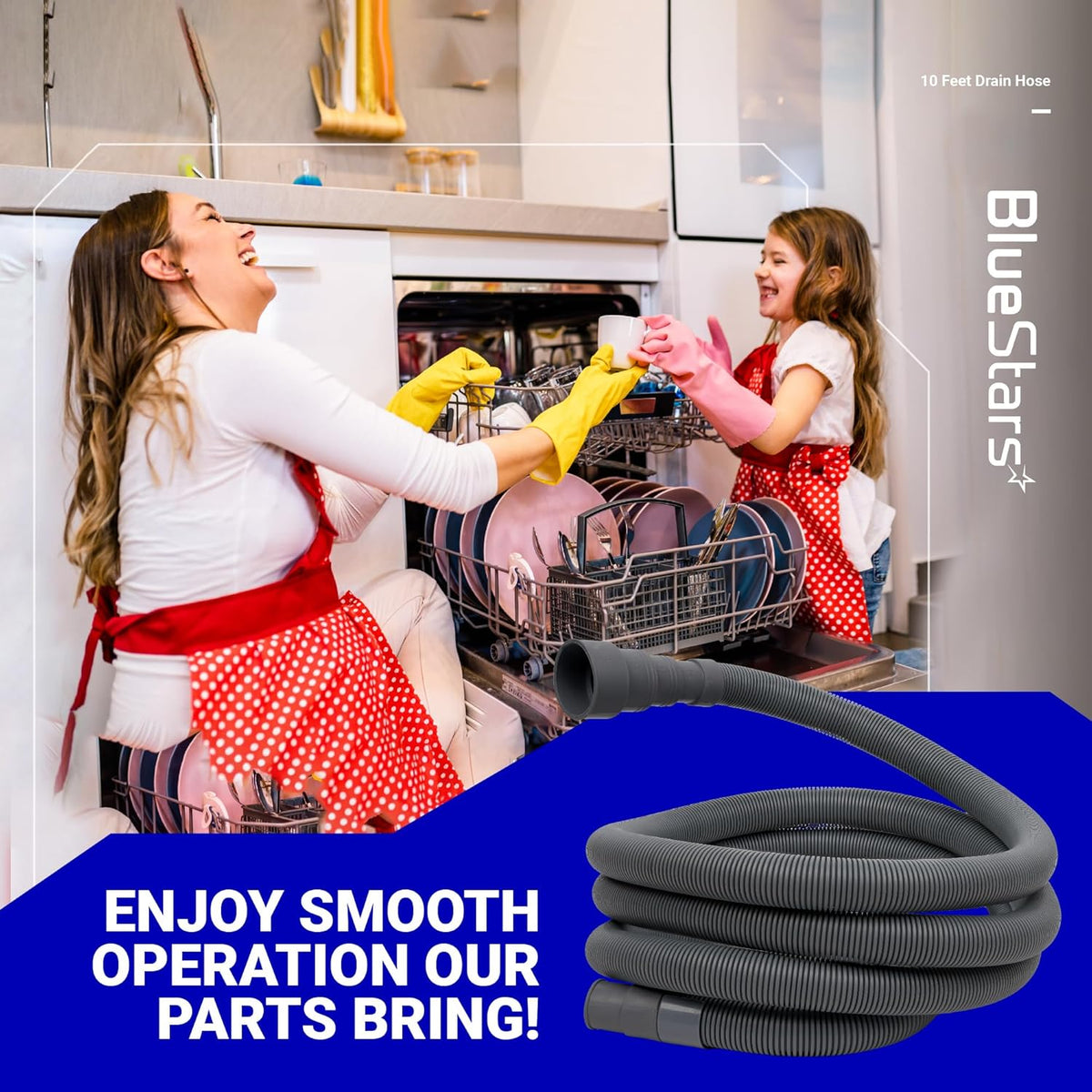 10-foot flexible corrugated drain hose for dishwashers and washing machines shown in a lifestyle marketing graphic.