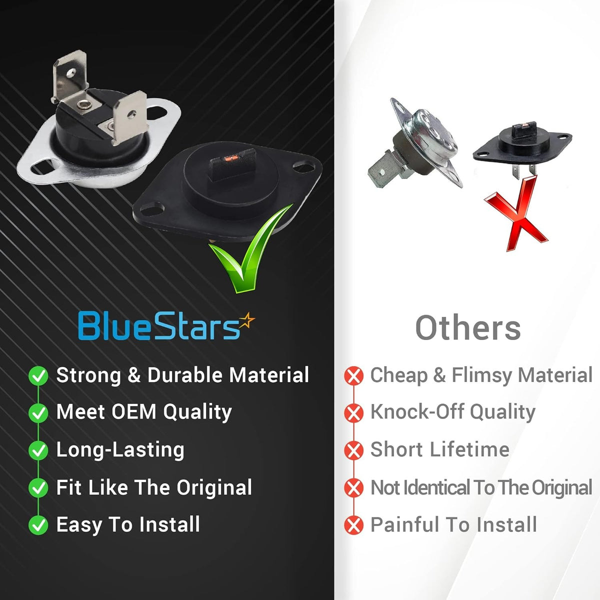 Comparison chart showing BlueStars dryer thermal fuse and thermistor quality versus generic replacement parts.