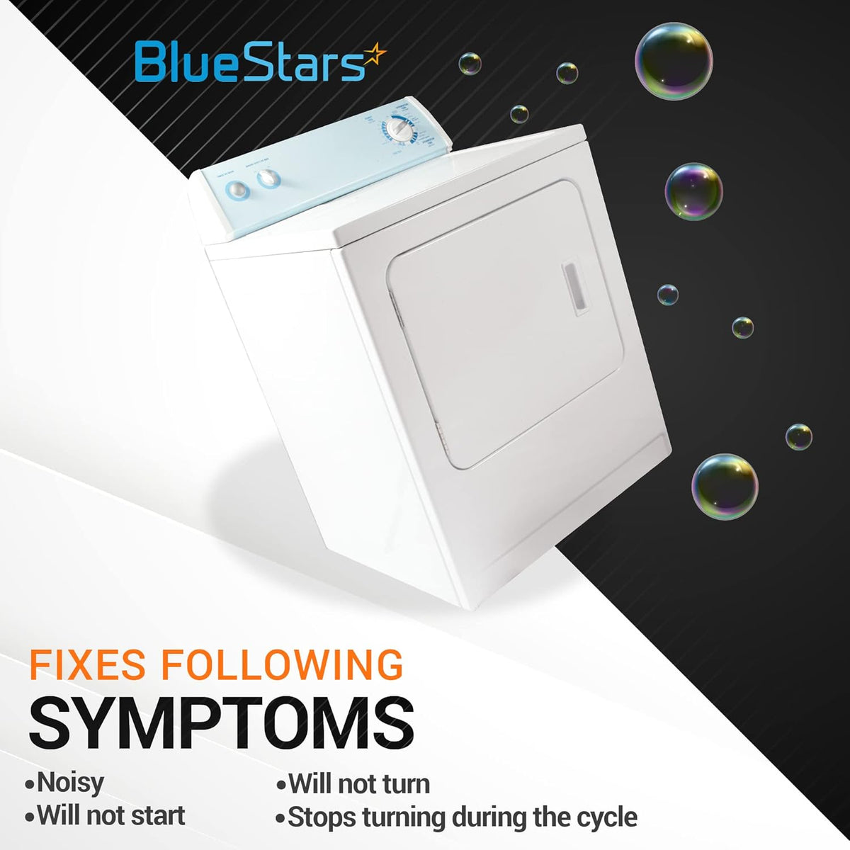 White clothes dryer illustrating common repair symptoms for Samsung and Kenmore dryer parts replacement.