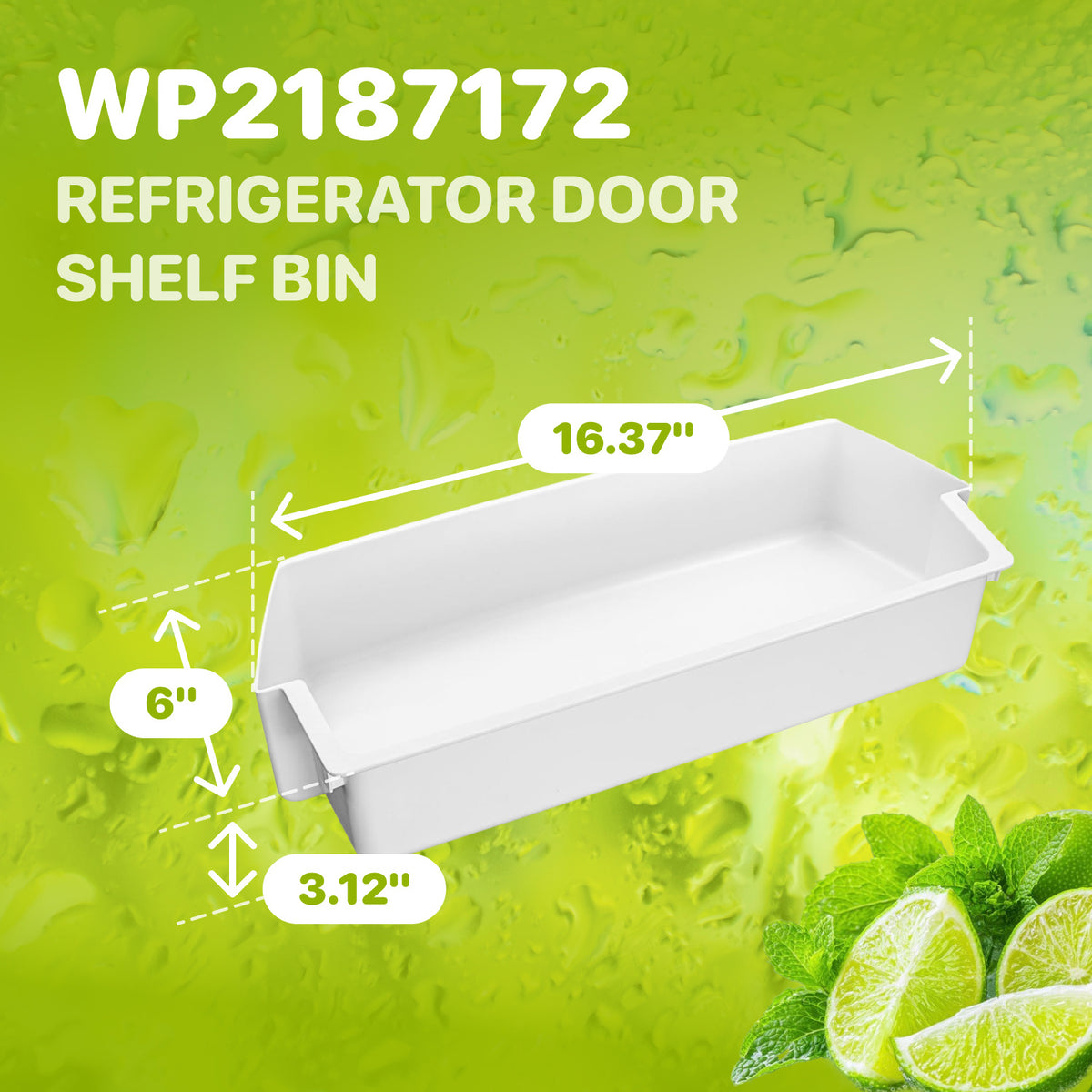 WP2187172 Refrigerator door shelf bin with dimensions shown: 16.37 in length, 6 in height, and 3.12 in depth
