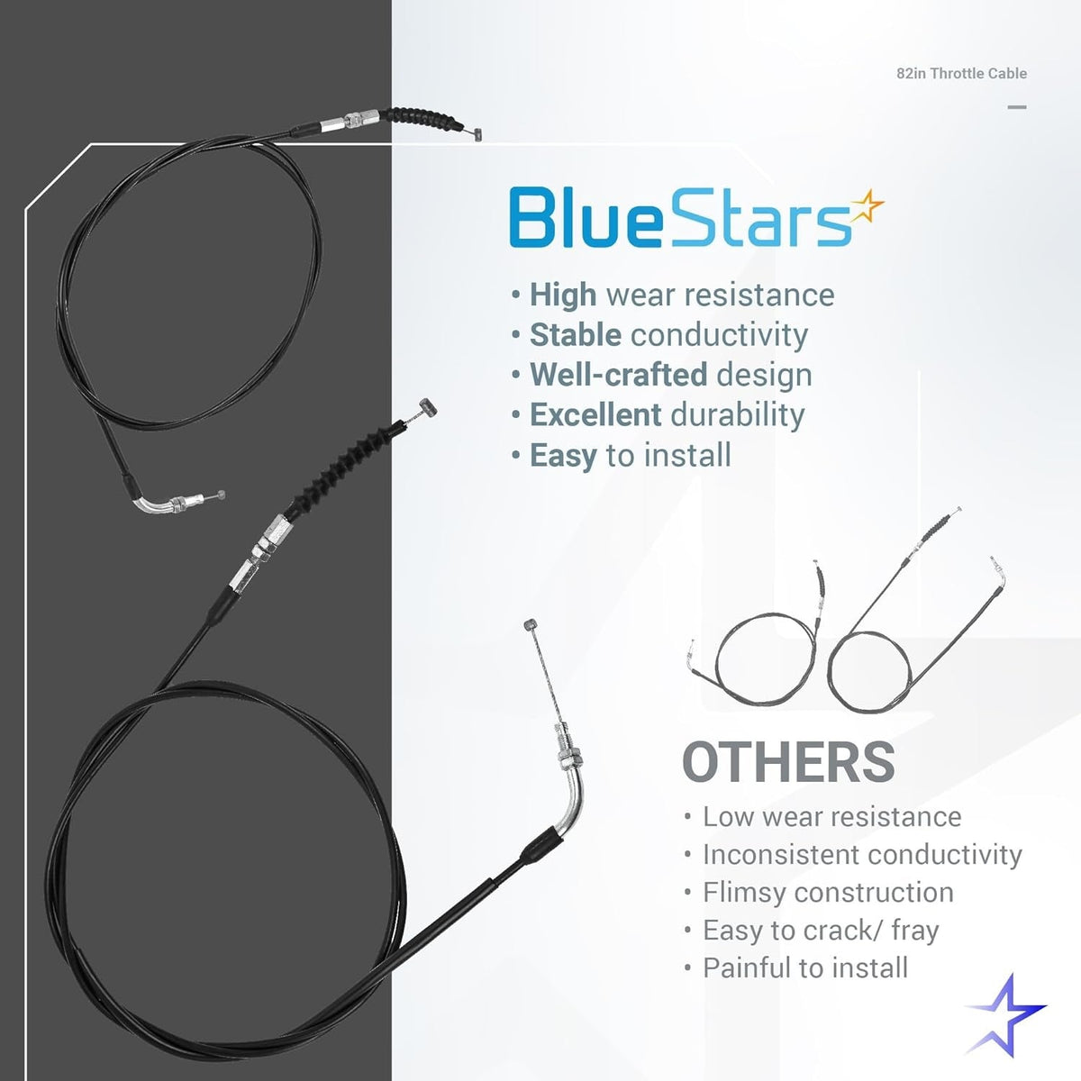 BlueStars 82in throttle cable comparison chart highlighting durable construction and easy installation.