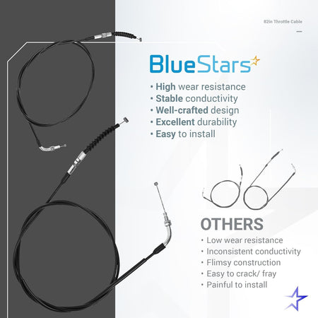 BlueStars 82in throttle cable comparison chart highlighting durable construction and easy installation.
