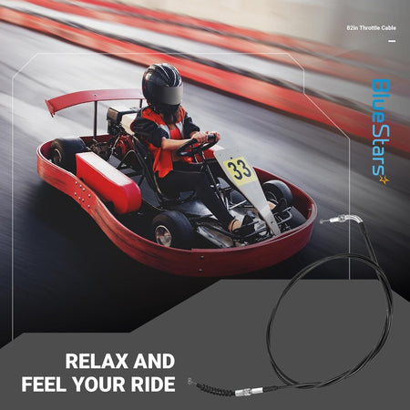 82-inch throttle cable for go-karts shown against a background of a person driving a go-kart on a track.