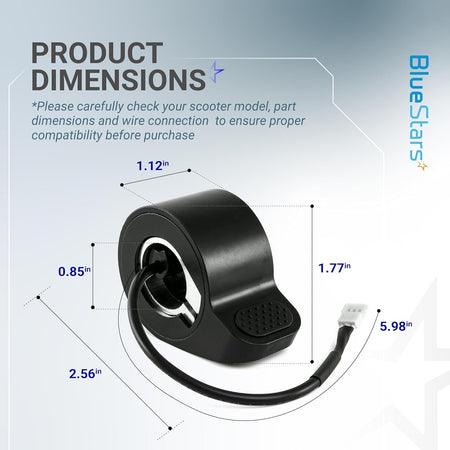 Electric scooter thumb throttle replacement part with labeled dimensions for GXL V2 and Apex series compatibility.