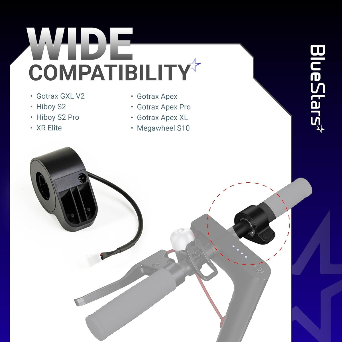 Electric scooter thumb throttle replacement part with compatibility list and installation diagram.