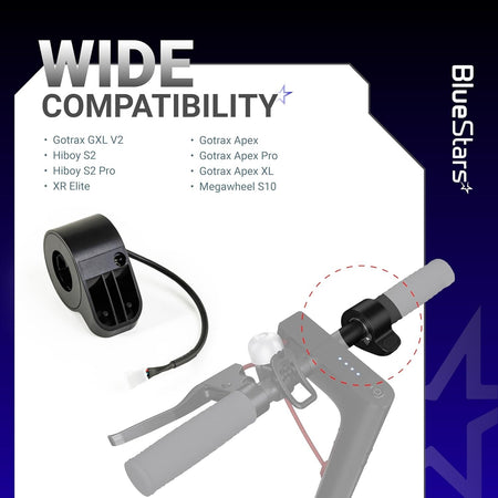 Electric scooter thumb throttle replacement part with compatibility list and installation diagram.