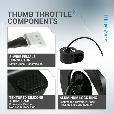 Electric scooter thumb throttle components showing 3-wire connector, textured thumb pad, and aluminum lock ring.