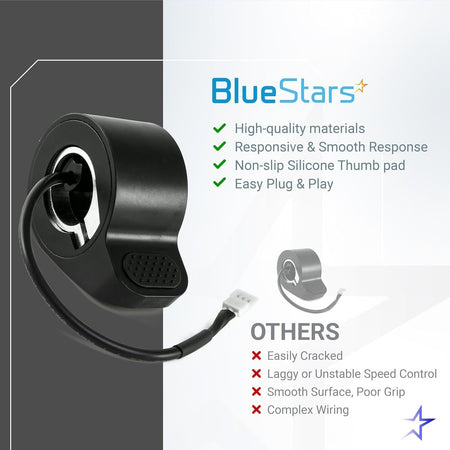 Electric scooter thumb throttle replacement with non-slip silicone pad and plug-and-play connector.