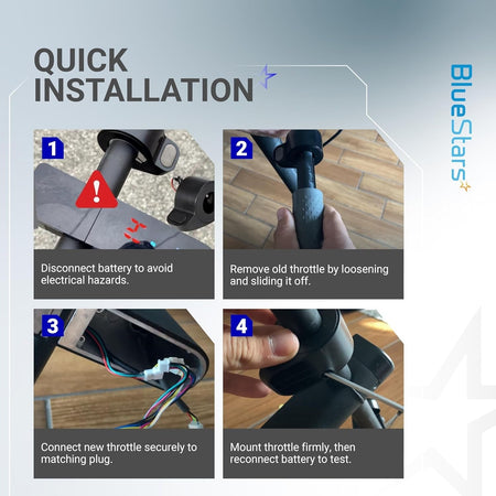 Four-step installation guide for electric scooter thumb throttle replacement.