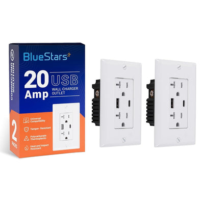 Two 20 Amp USB Type C and Type A wall charger outlets with retail packaging box.