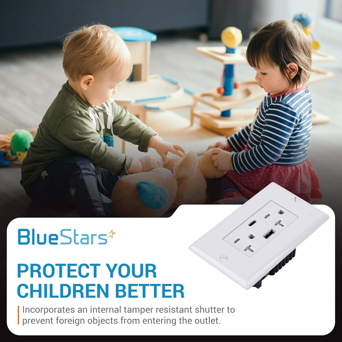 Tamper-resistant 20 Amp electrical wall outlet with USB Type-C and Type-A ports for child safety.
